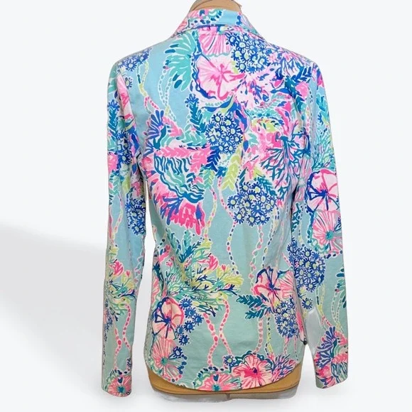 Lilly Pulitzer XS Blue Coral Print Full Zip Jacket Athleisure UPF 50 - Picture 3 of 11